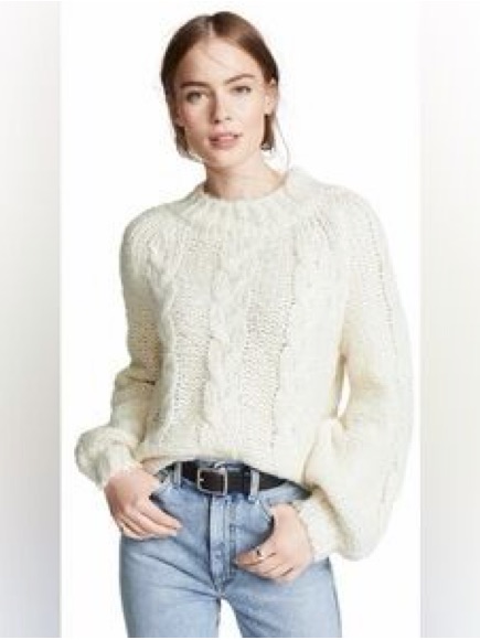 Anine Bing Cream Cable Knit Crew Sweater